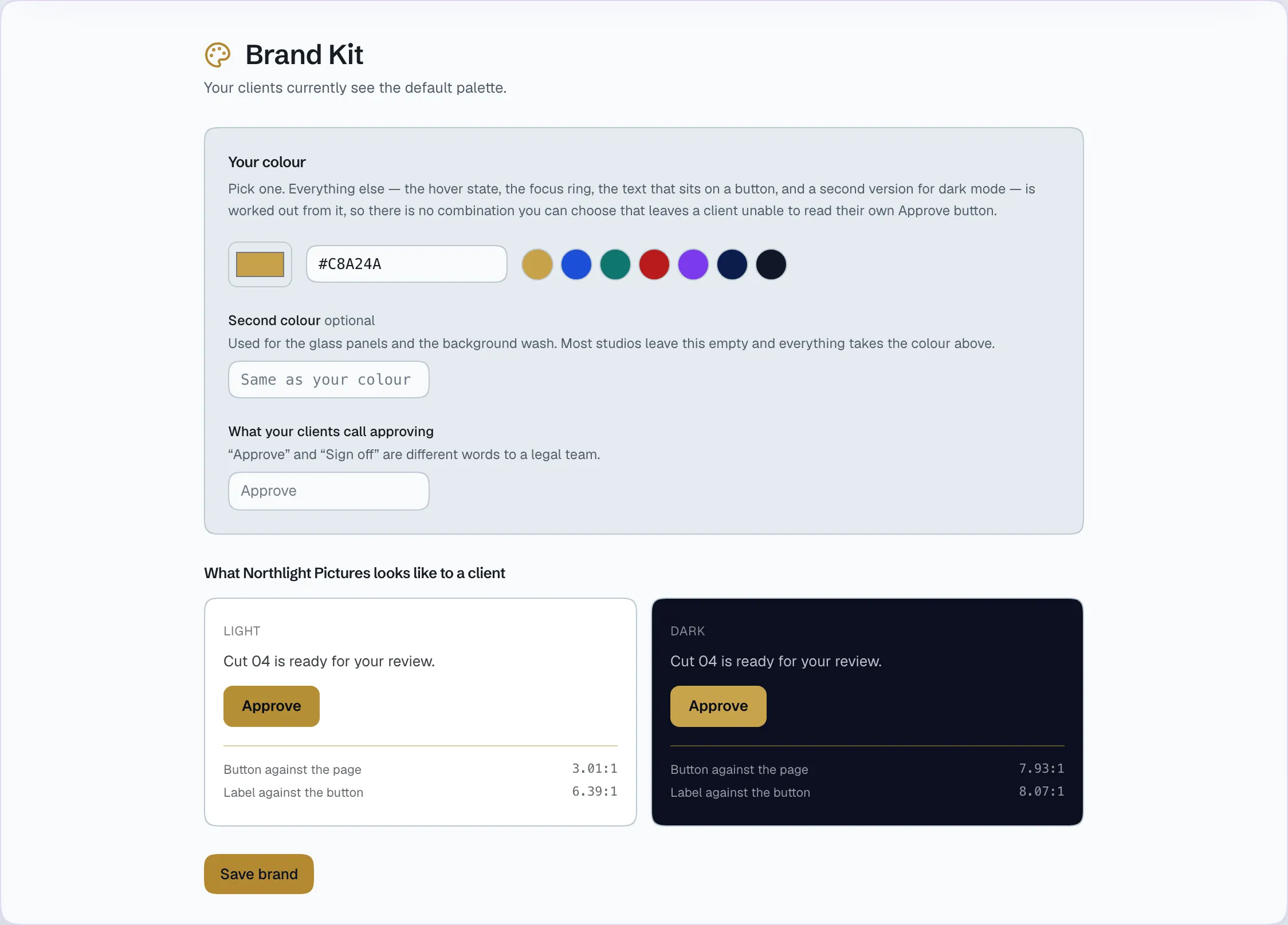 The brand kit: one colour chosen, both themes derived, the preview of what the client sees.