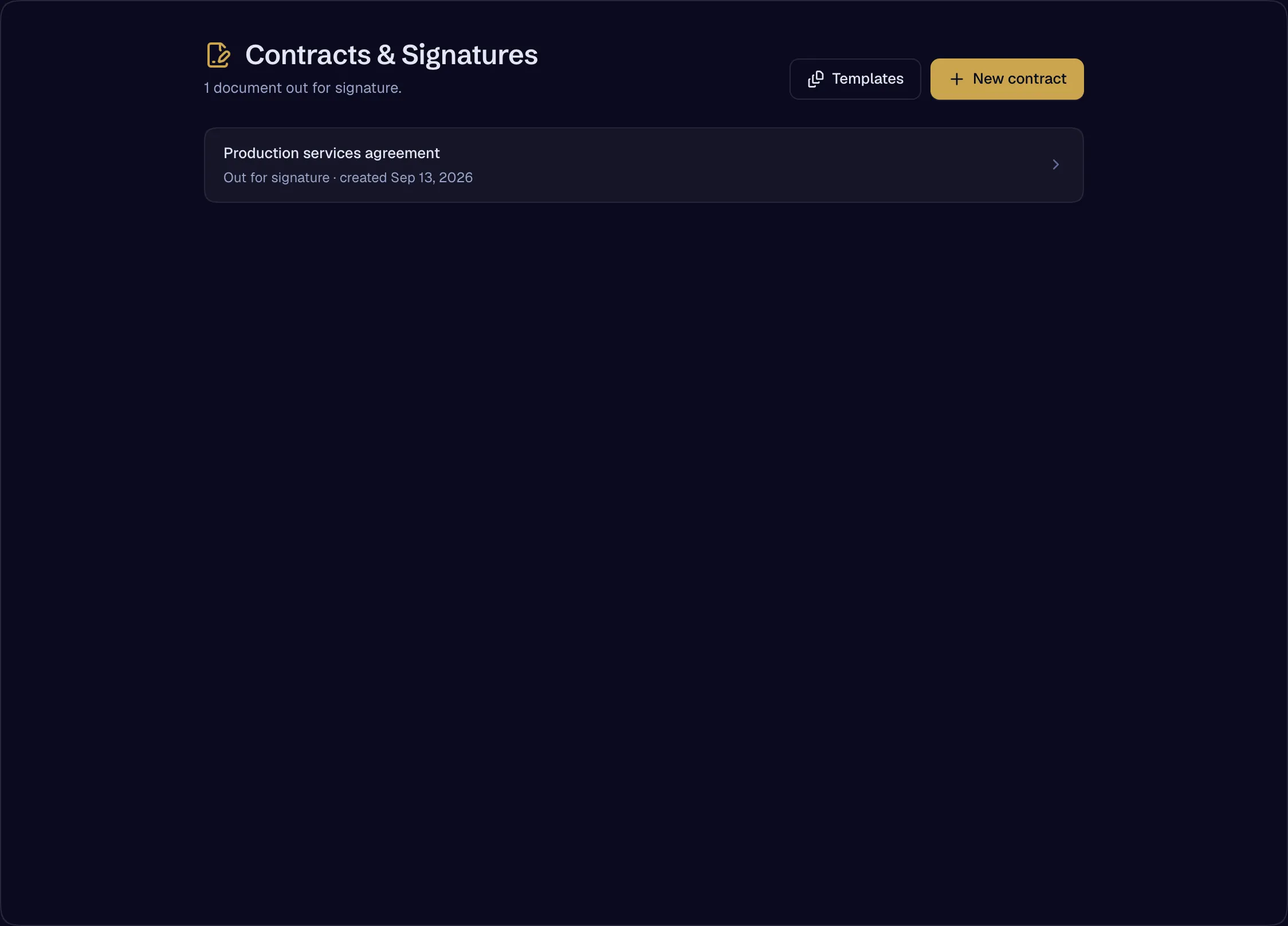 Contracts: templates, drafts, sent and signed, with the sealed PDF.