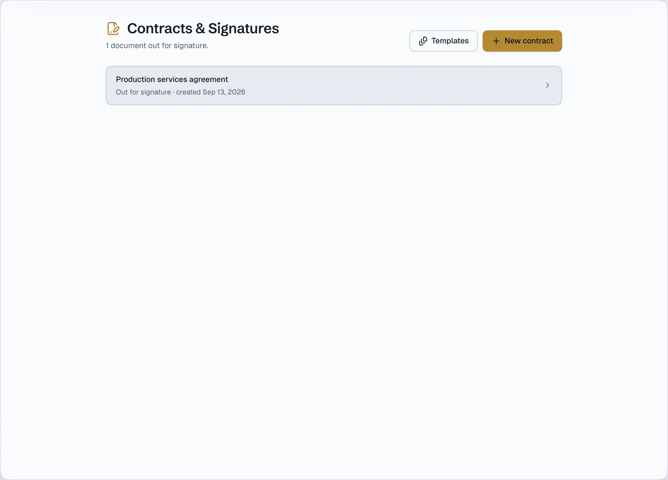 Contracts: templates, drafts, sent and signed, with the sealed PDF.