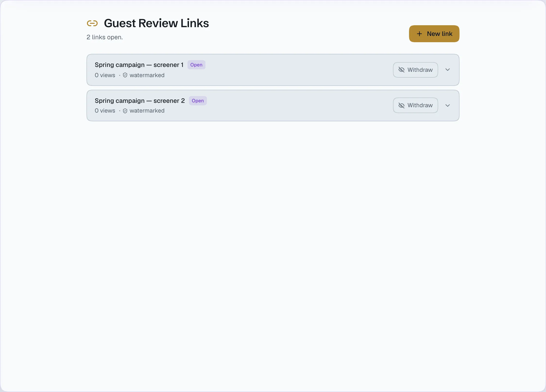 Screening links: each with how far the guest watched, as a bar.
