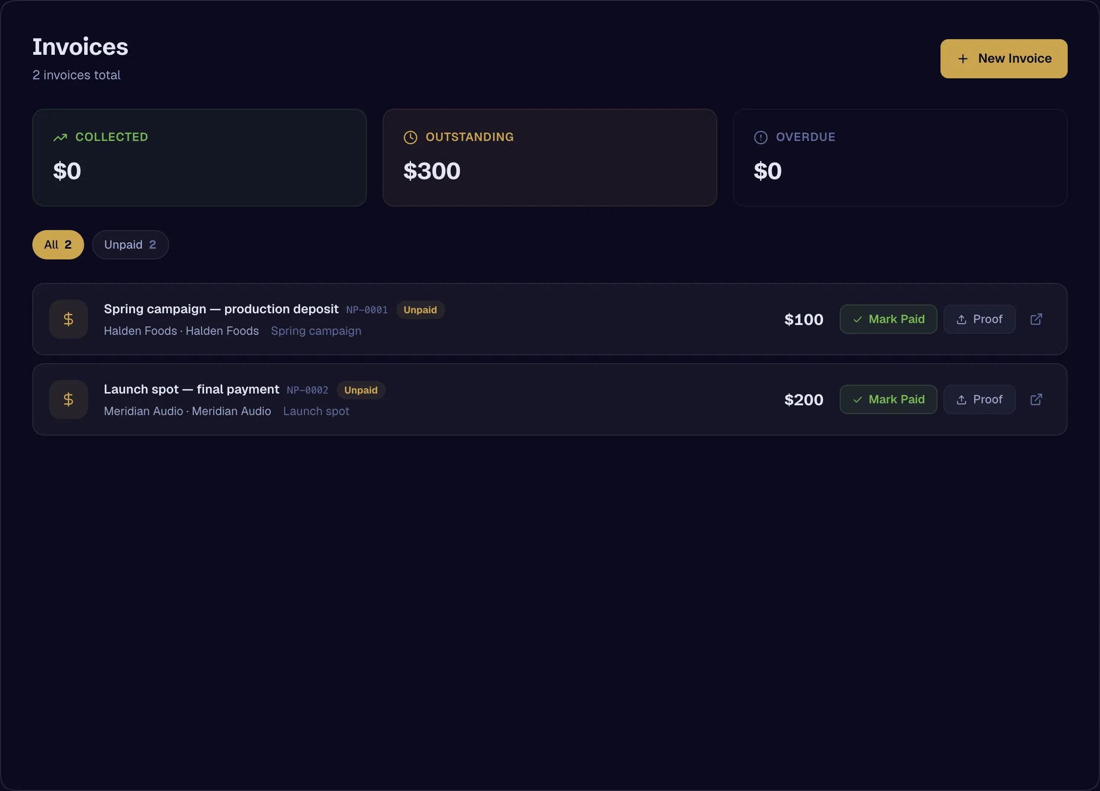 Invoices: numbered, dated, with status and payment method.