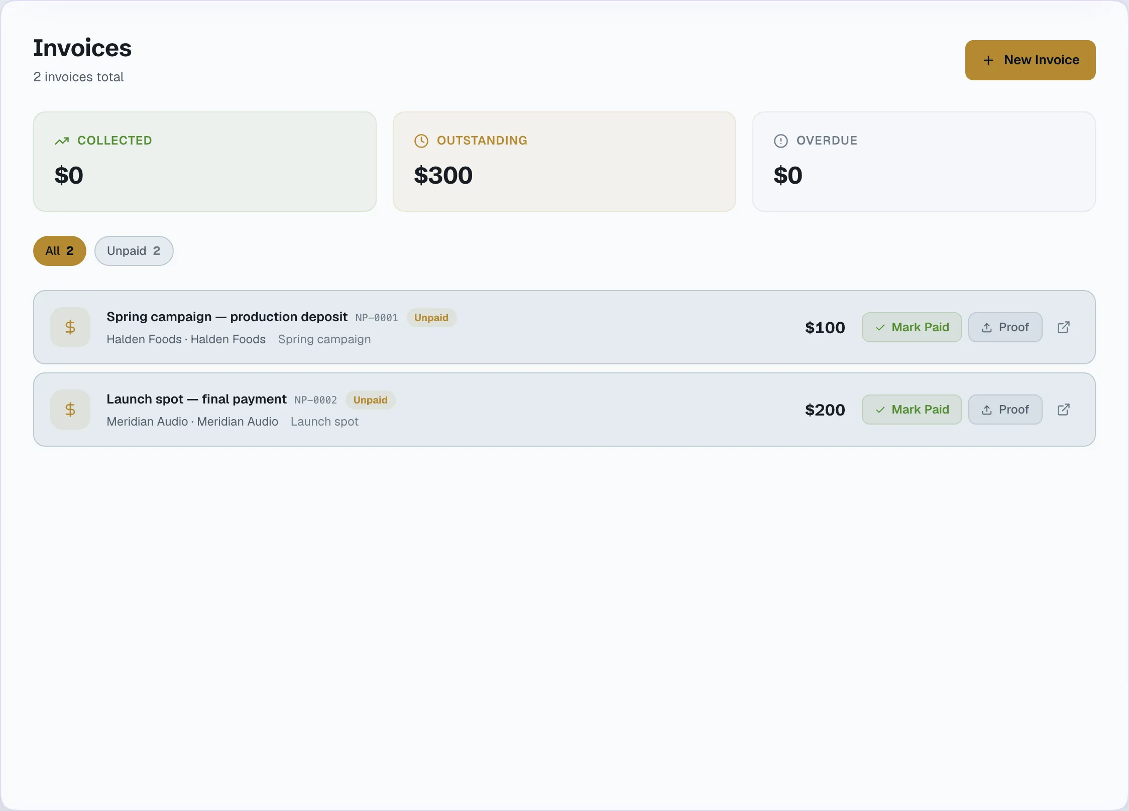 Invoices: numbered, dated, with status and payment method.