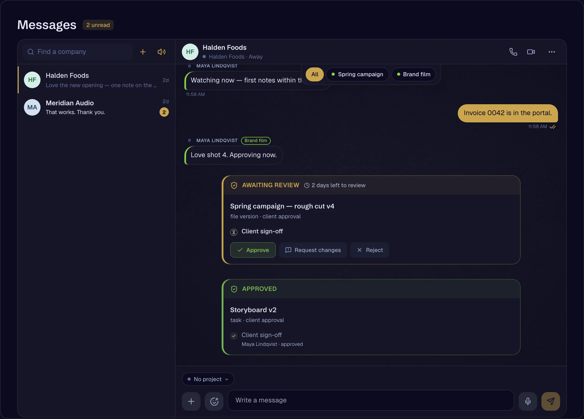 The client message hub: company rooms with presence and previews.