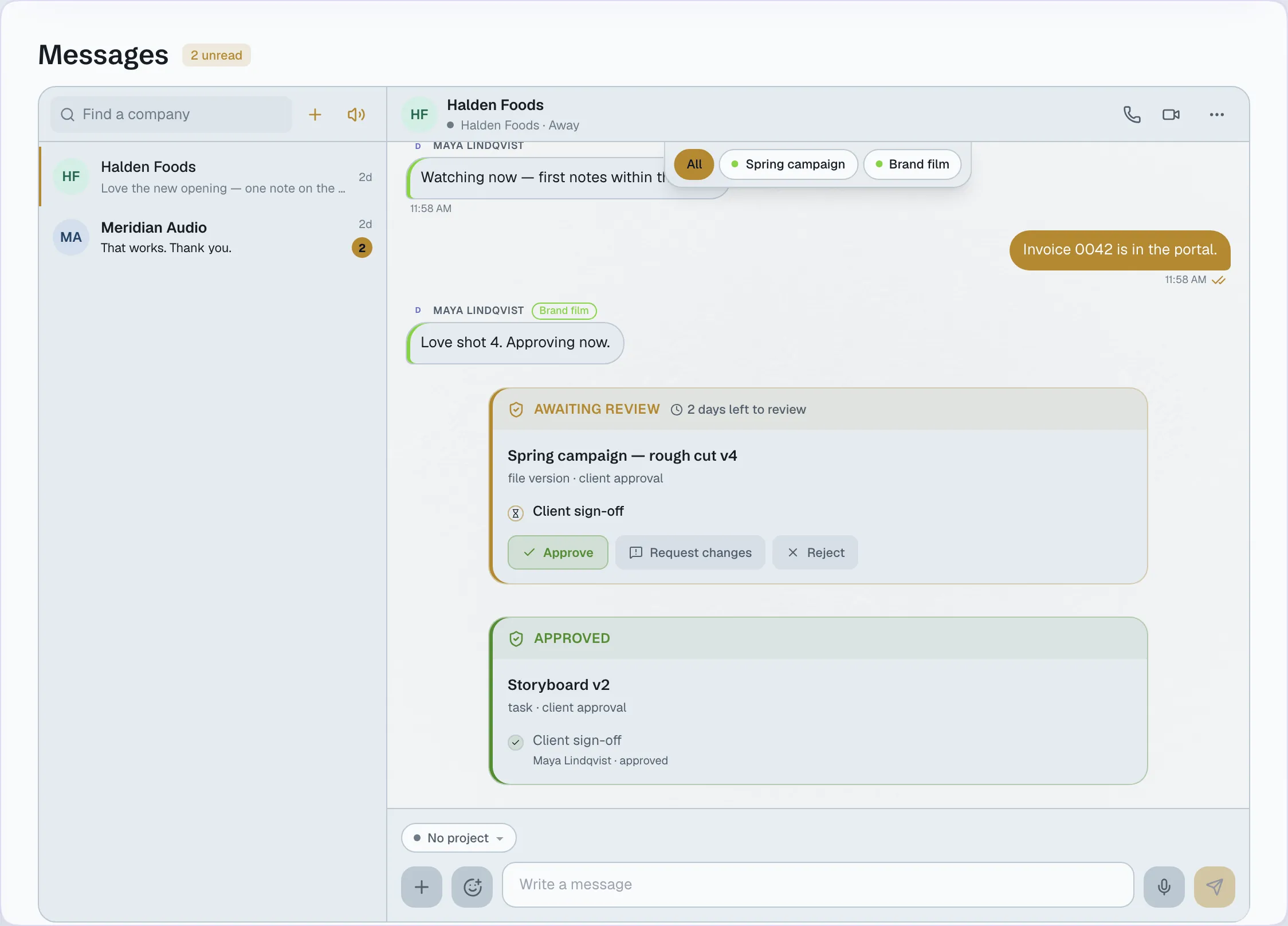 The client message hub: company rooms with presence and previews.