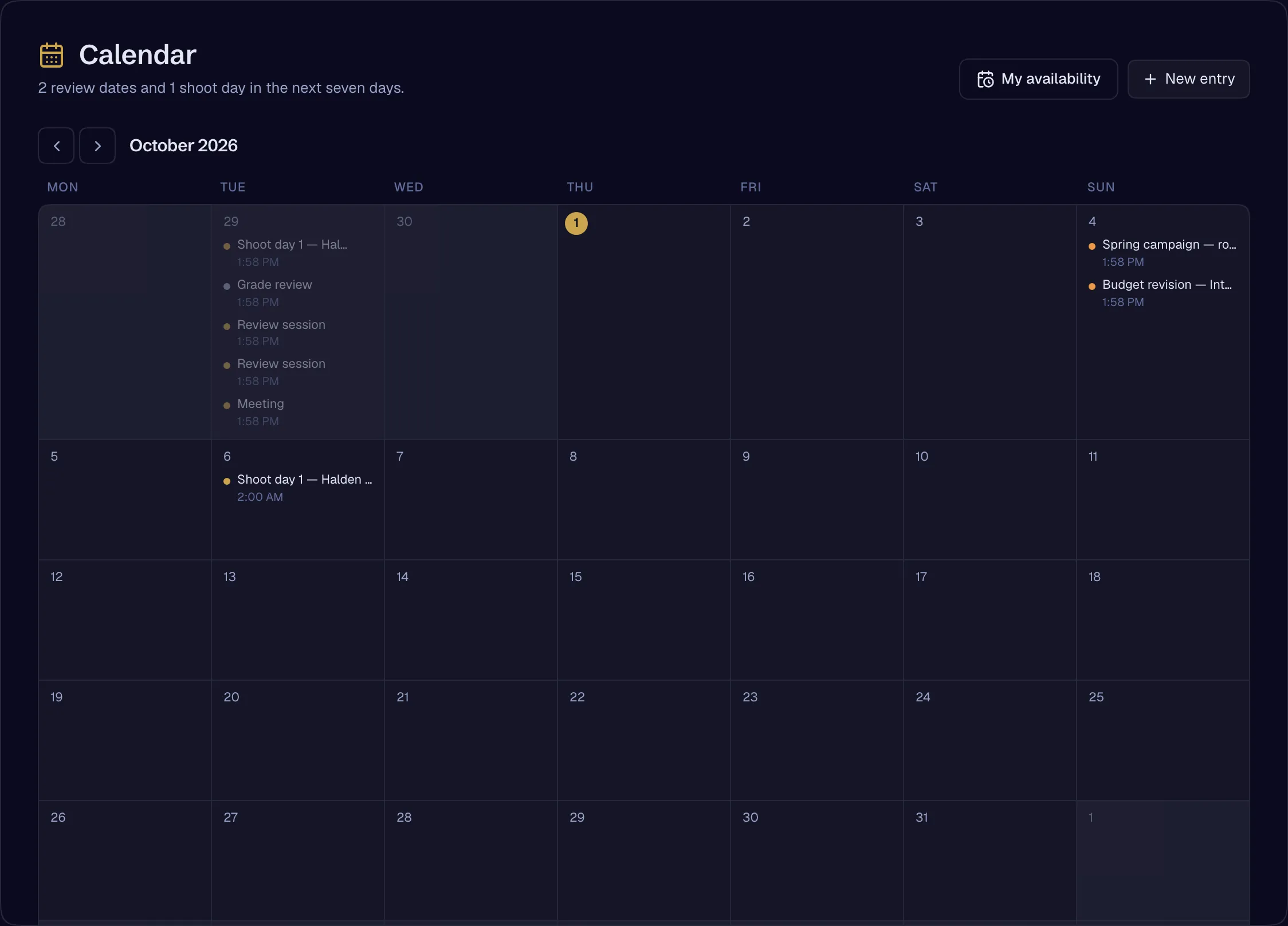 The crew calendar: review deadlines and invoice dates projected onto one month.