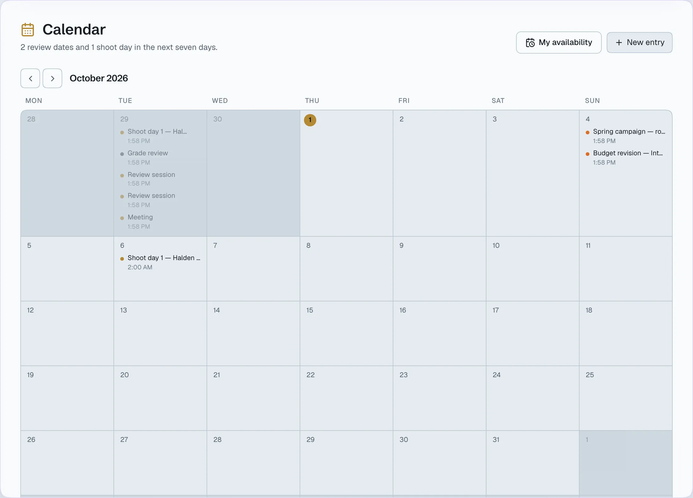 The crew calendar: review deadlines and invoice dates projected onto one month.