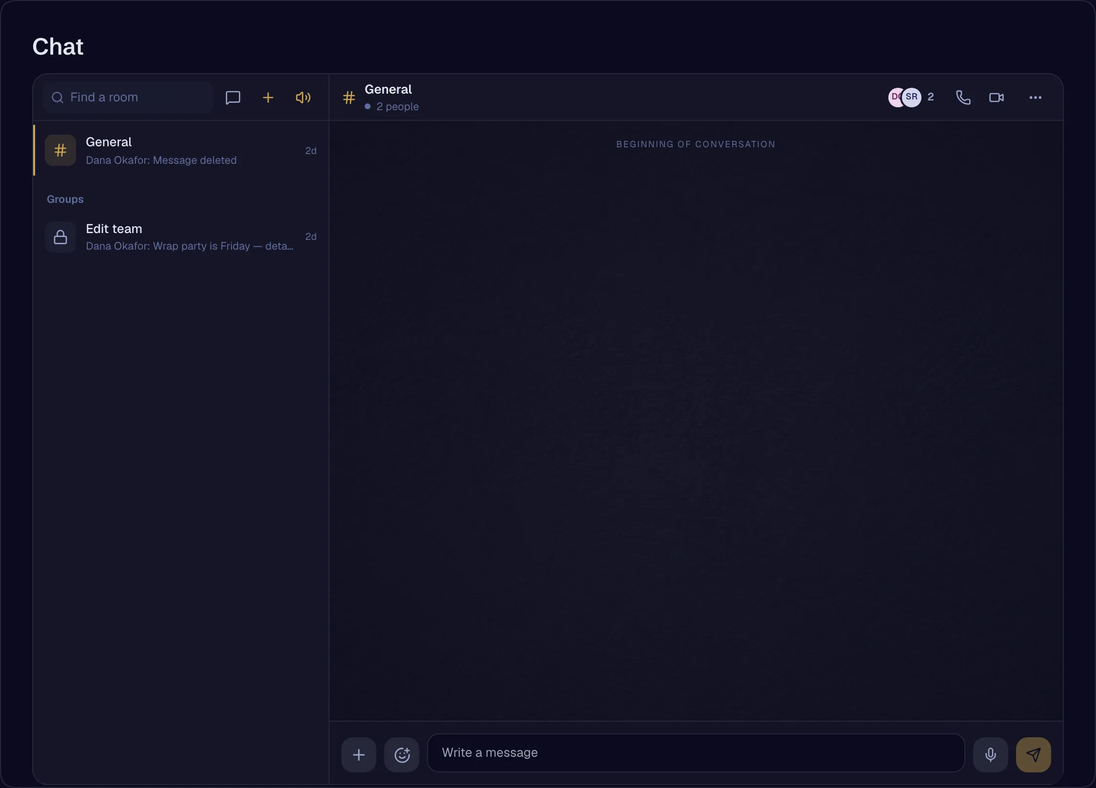 The crew chat hub: internal channels and direct messages, with a thread open.