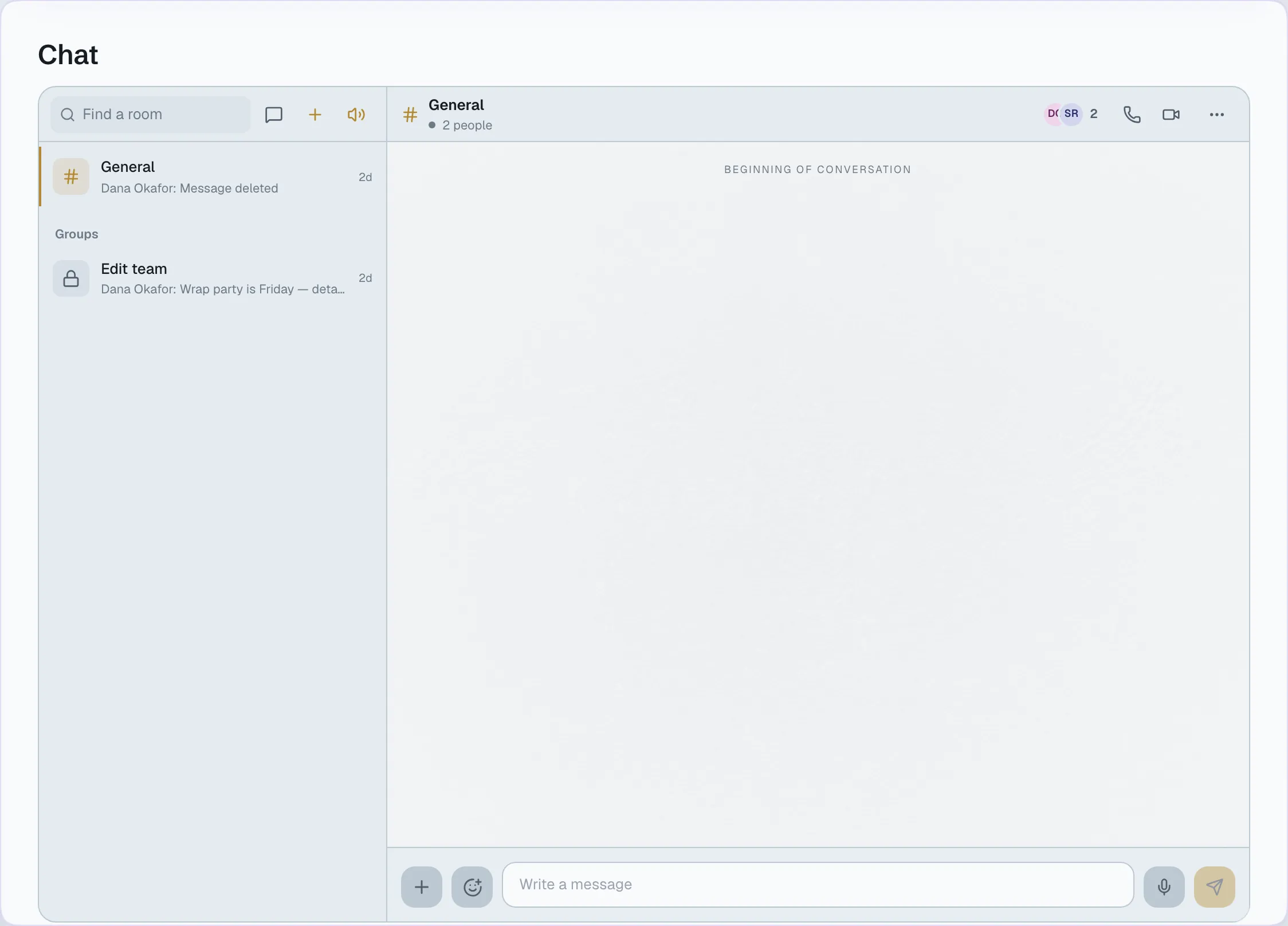 The crew chat hub: internal channels and direct messages, with a thread open.