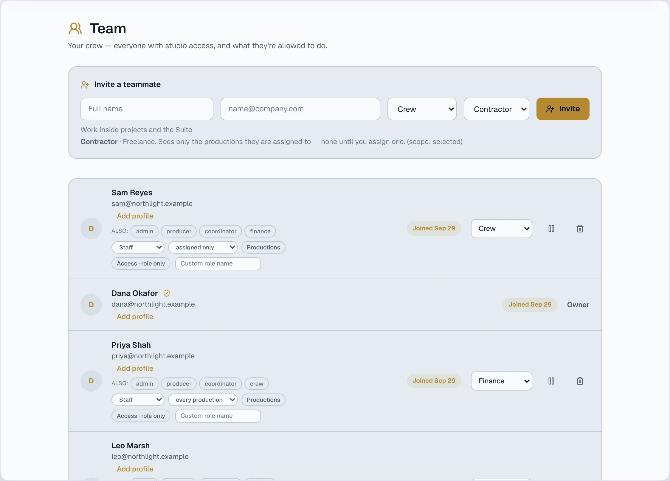 The crew directory: people with department, role, seat class and availability.