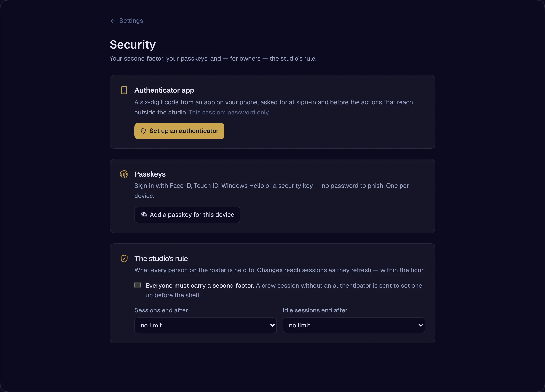 The studio’s security settings: two-factor, passkeys and the studio’s own rules.