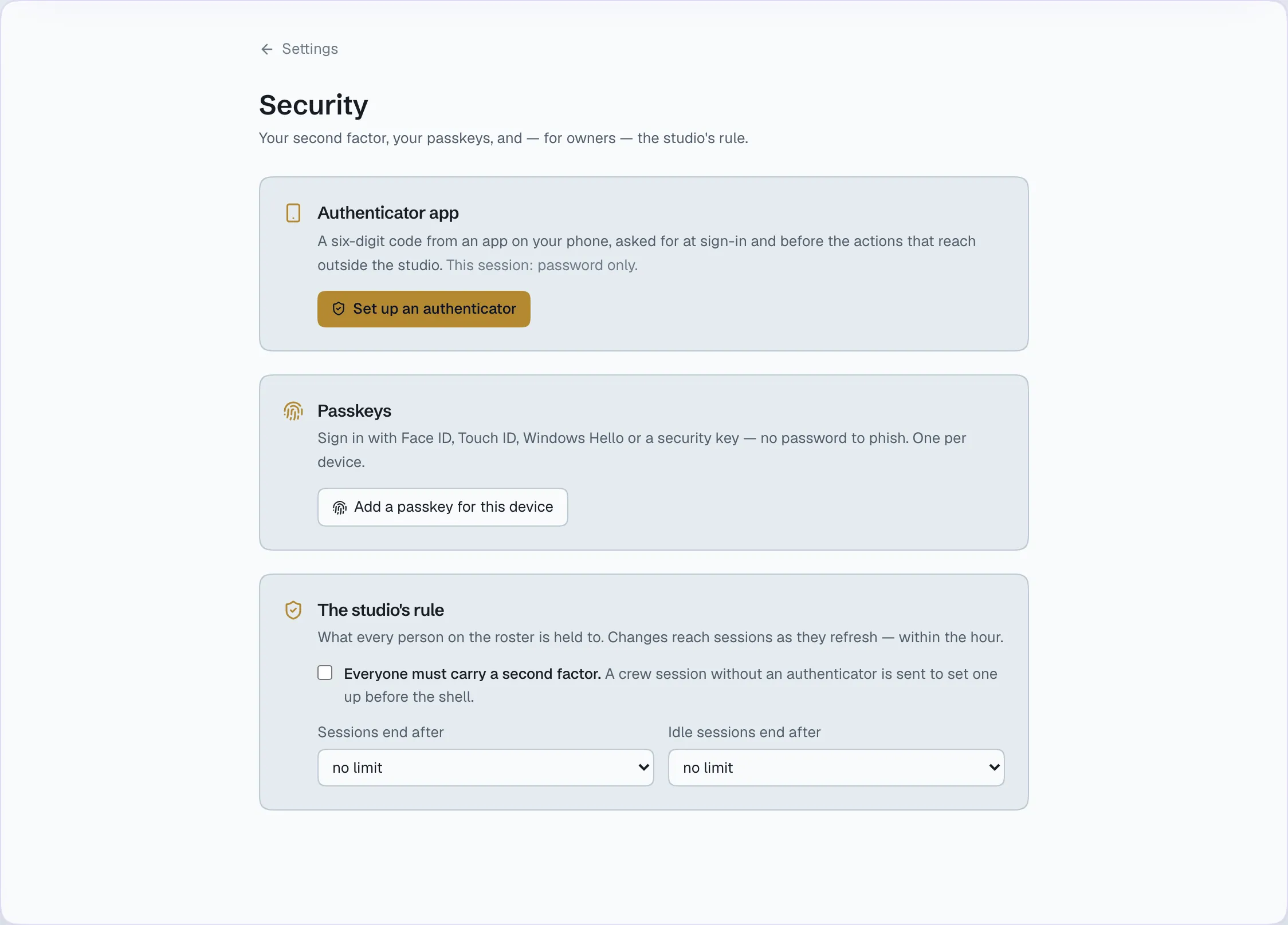 The studio’s security settings: two-factor, passkeys and the studio’s own rules.