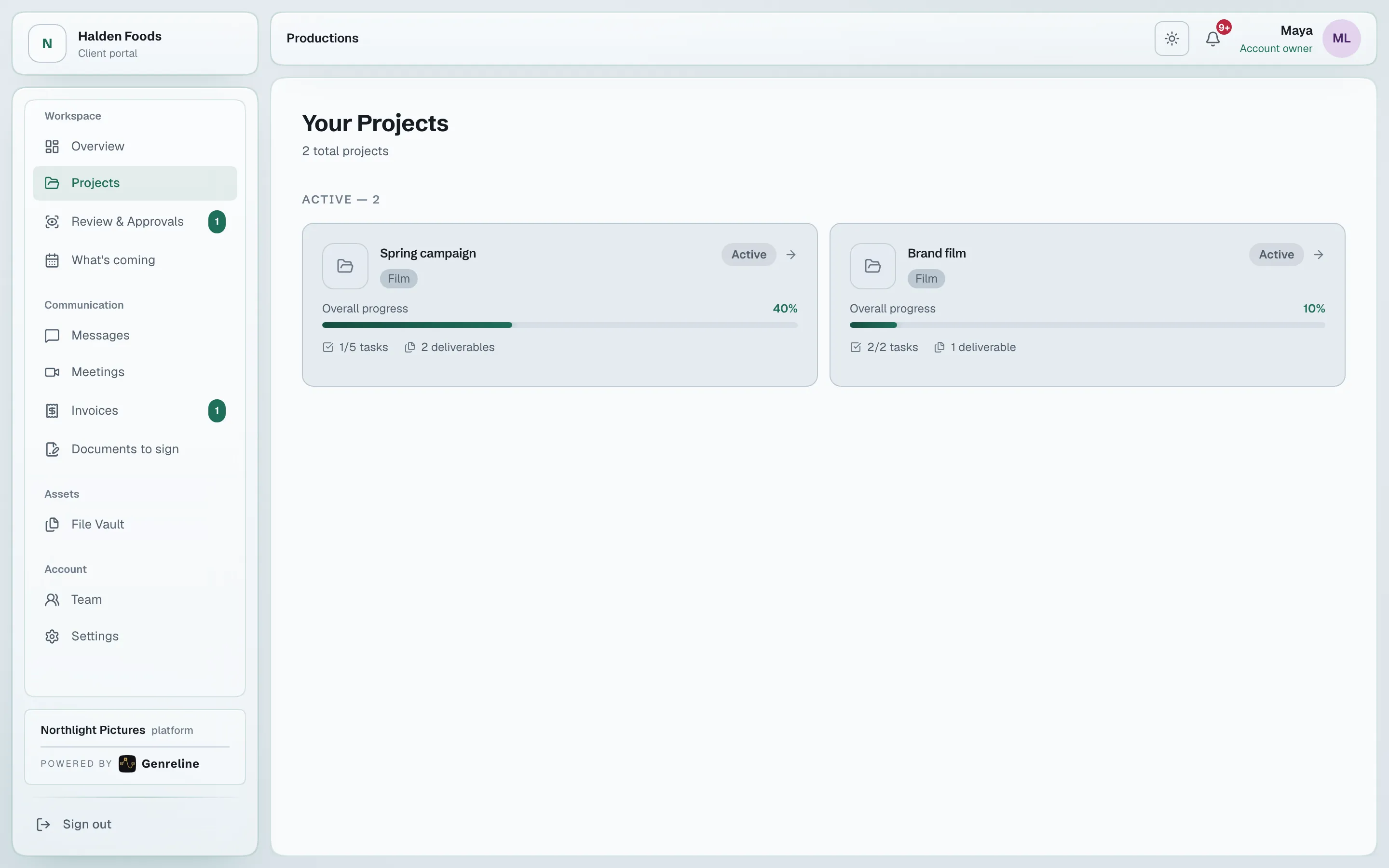 The client portal’s projects in one studio’s brand: the studio’s name and accent colour on the sidebar, each production with its progress.