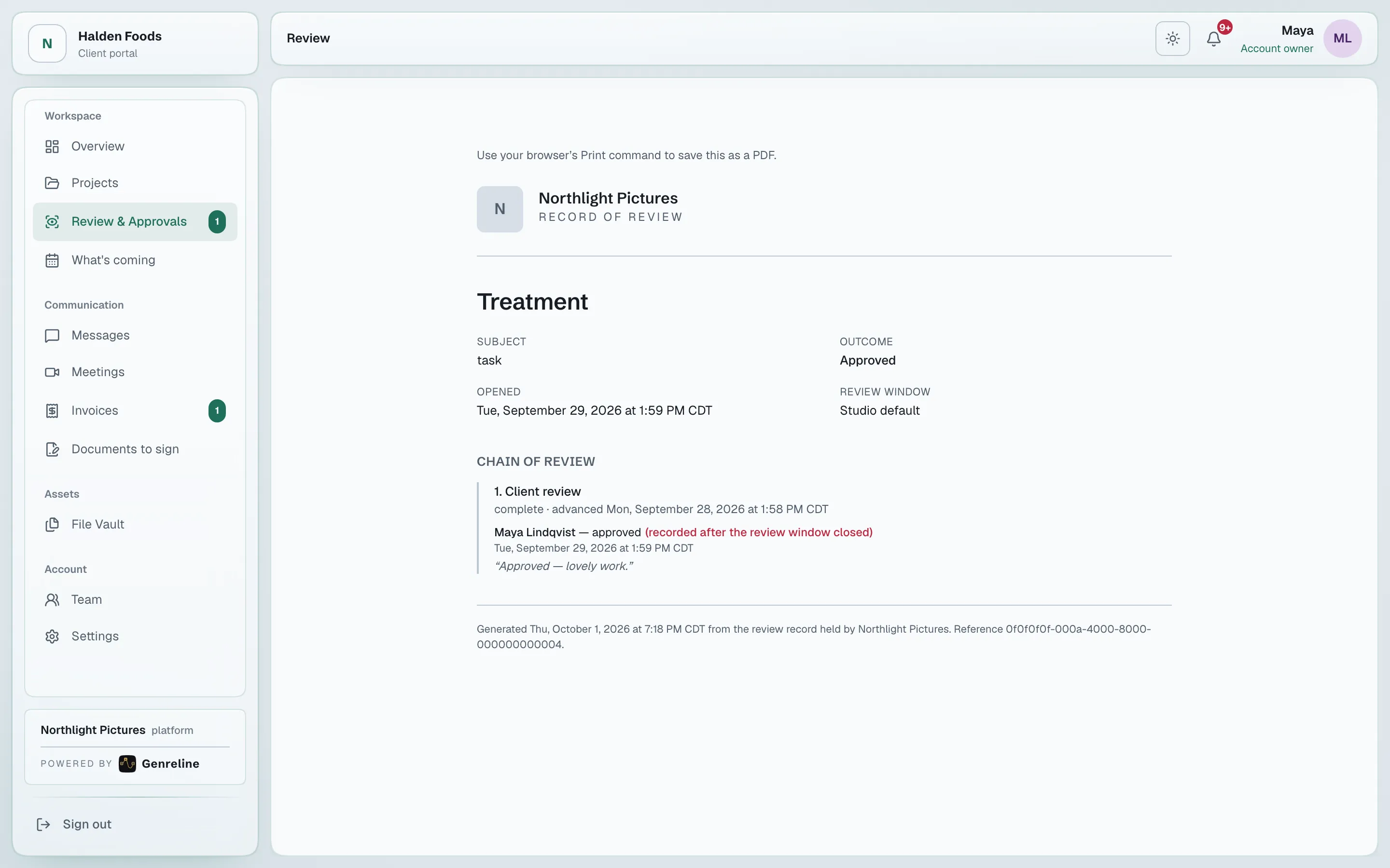 The printable certificate for a completed approval: every stage, every decision, every viewing, in order.