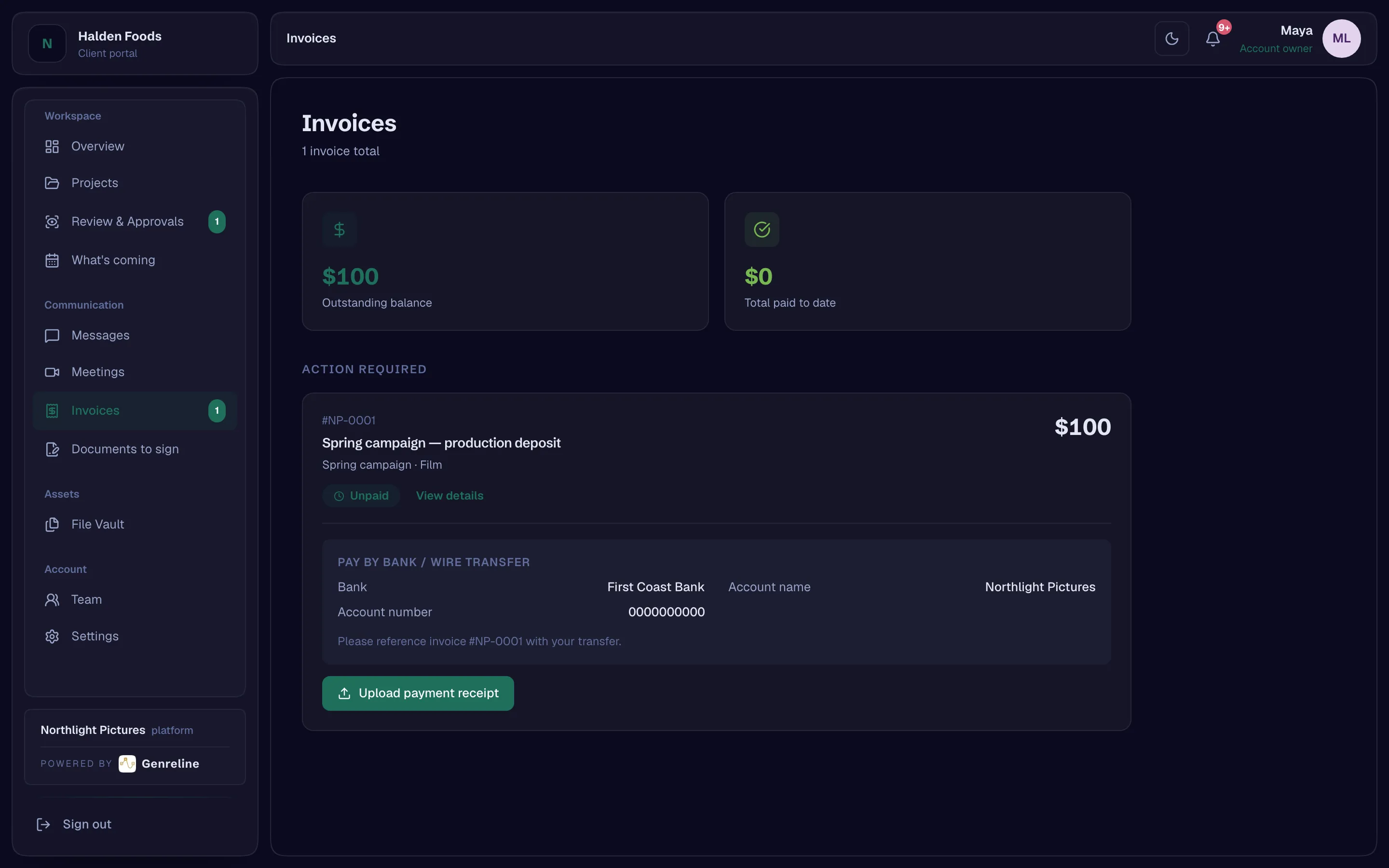 The client’s invoices with status and how to pay.