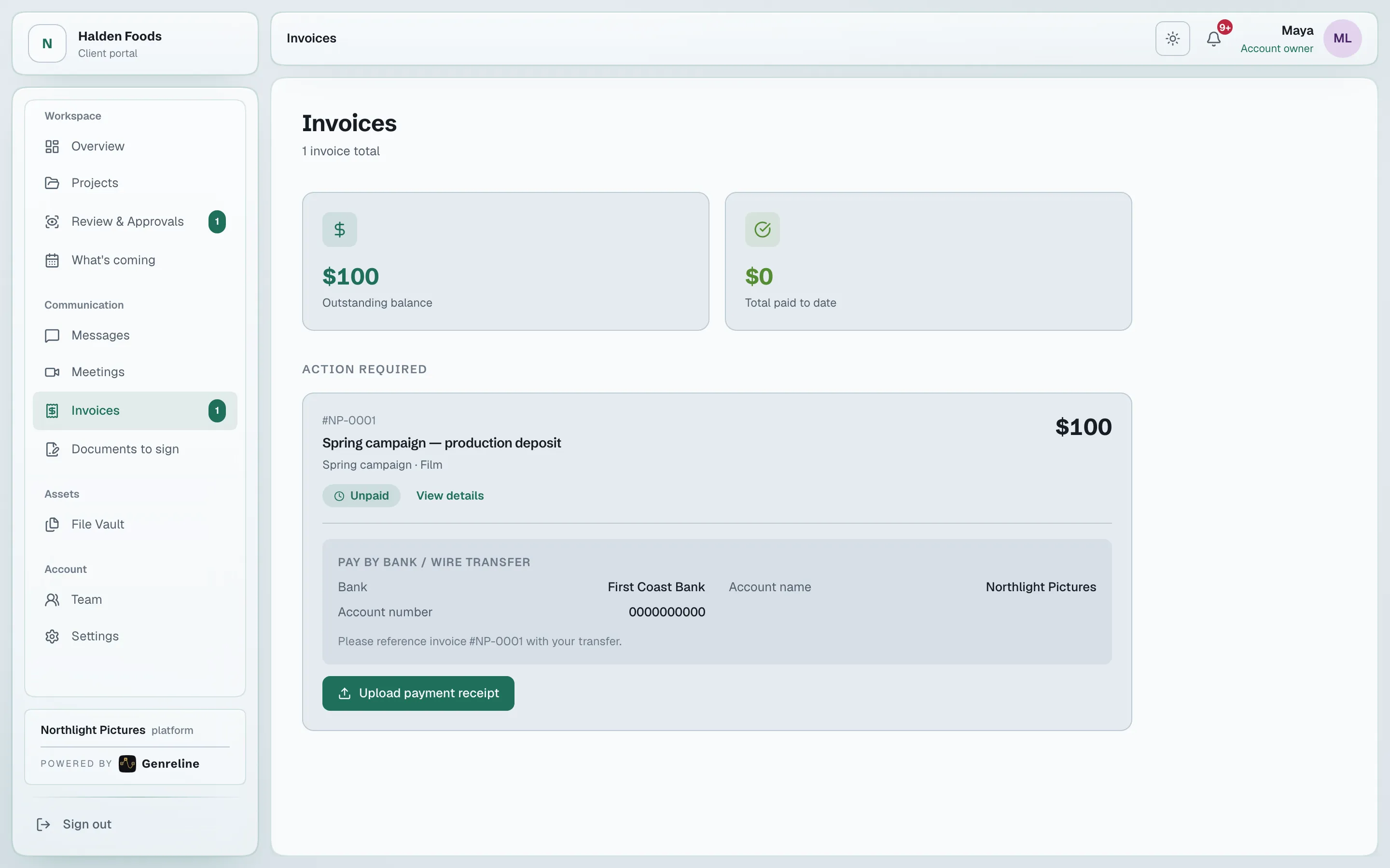 The client’s invoices with status and how to pay.