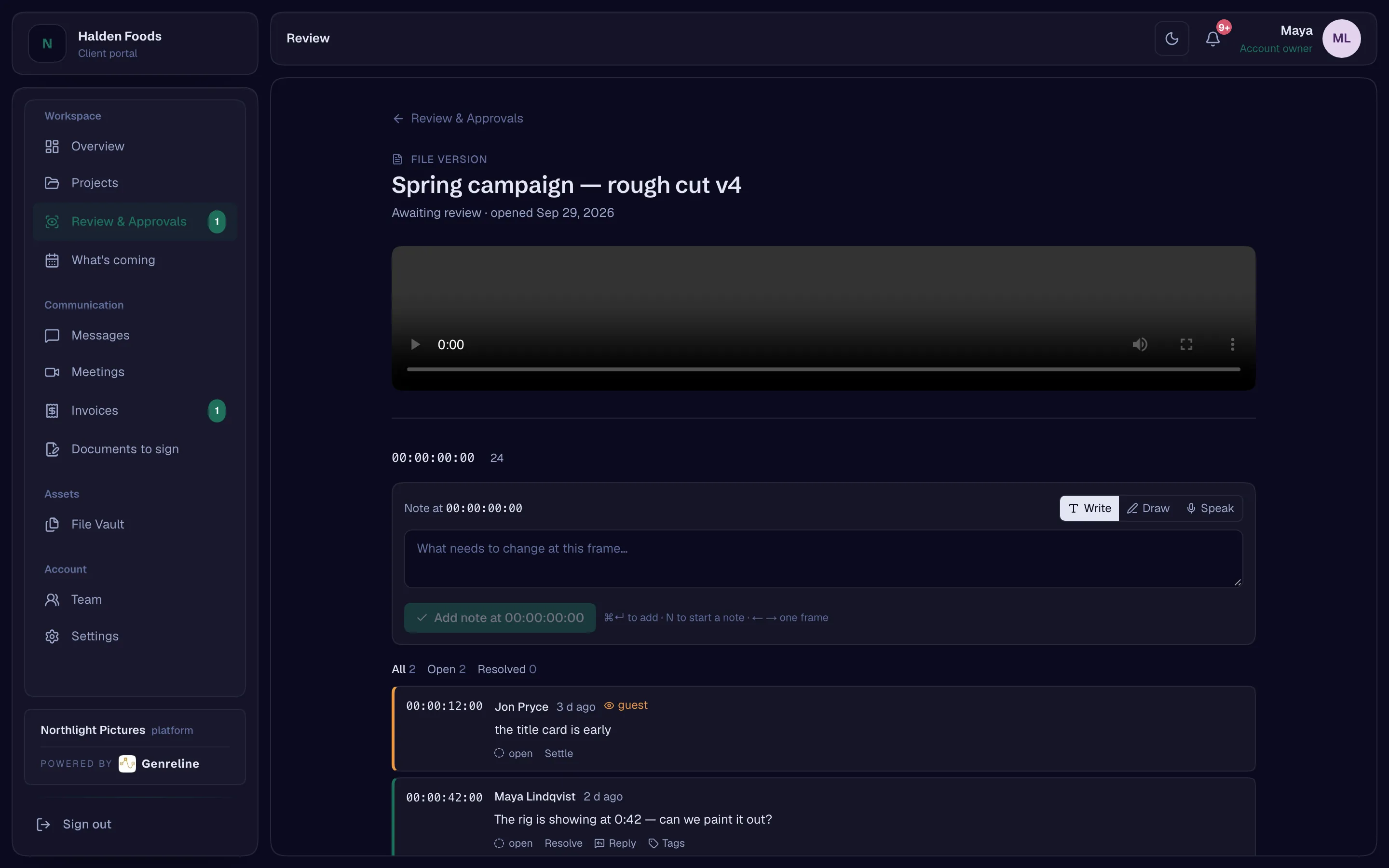 A review in the portal: the player, timecoded notes down the side, a note being written on a frame.