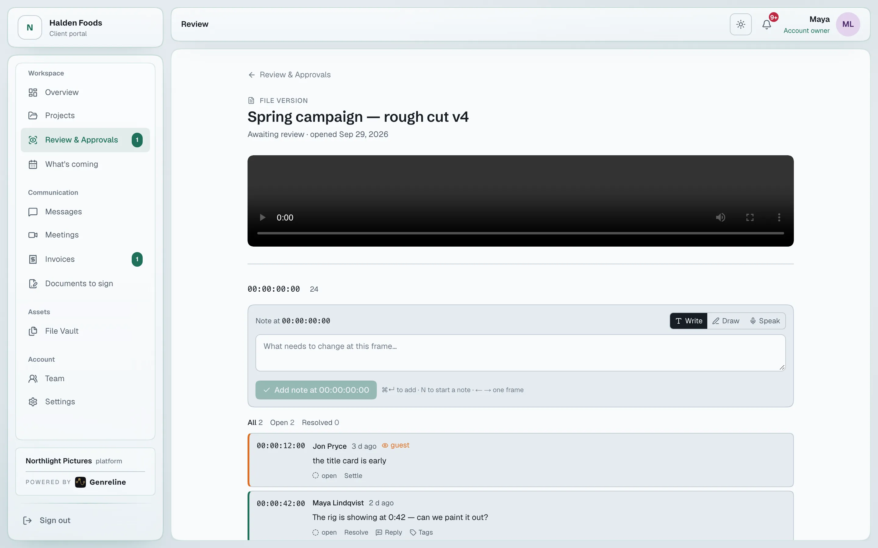 A review in the portal: the player, timecoded notes down the side, a note being written on a frame.